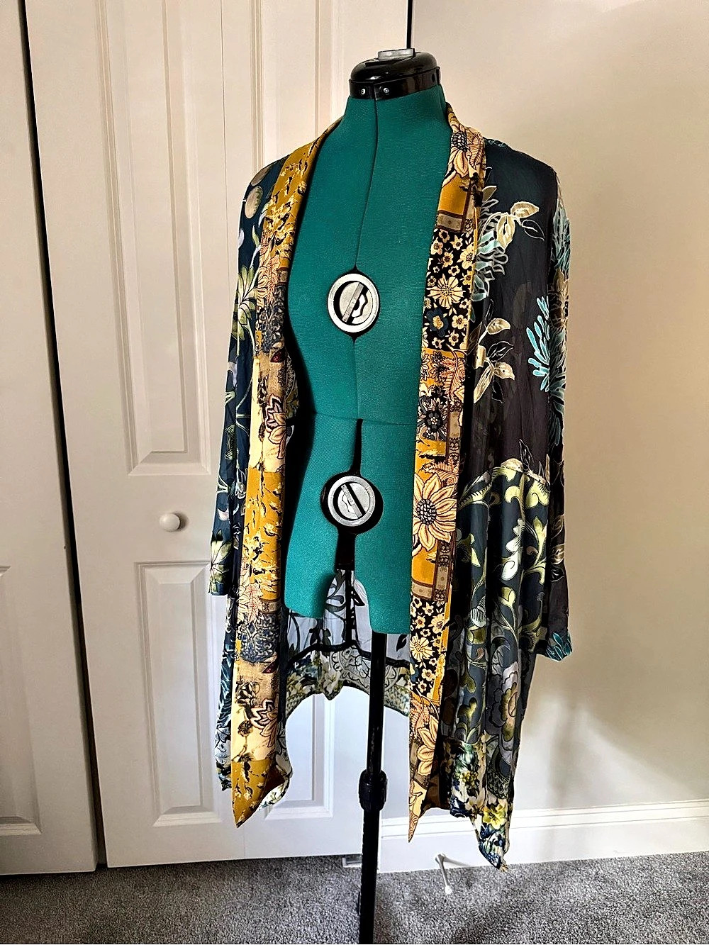 Floral Patchwork Sheer Kimono Open Front Duster Mixed Media Art to Wear